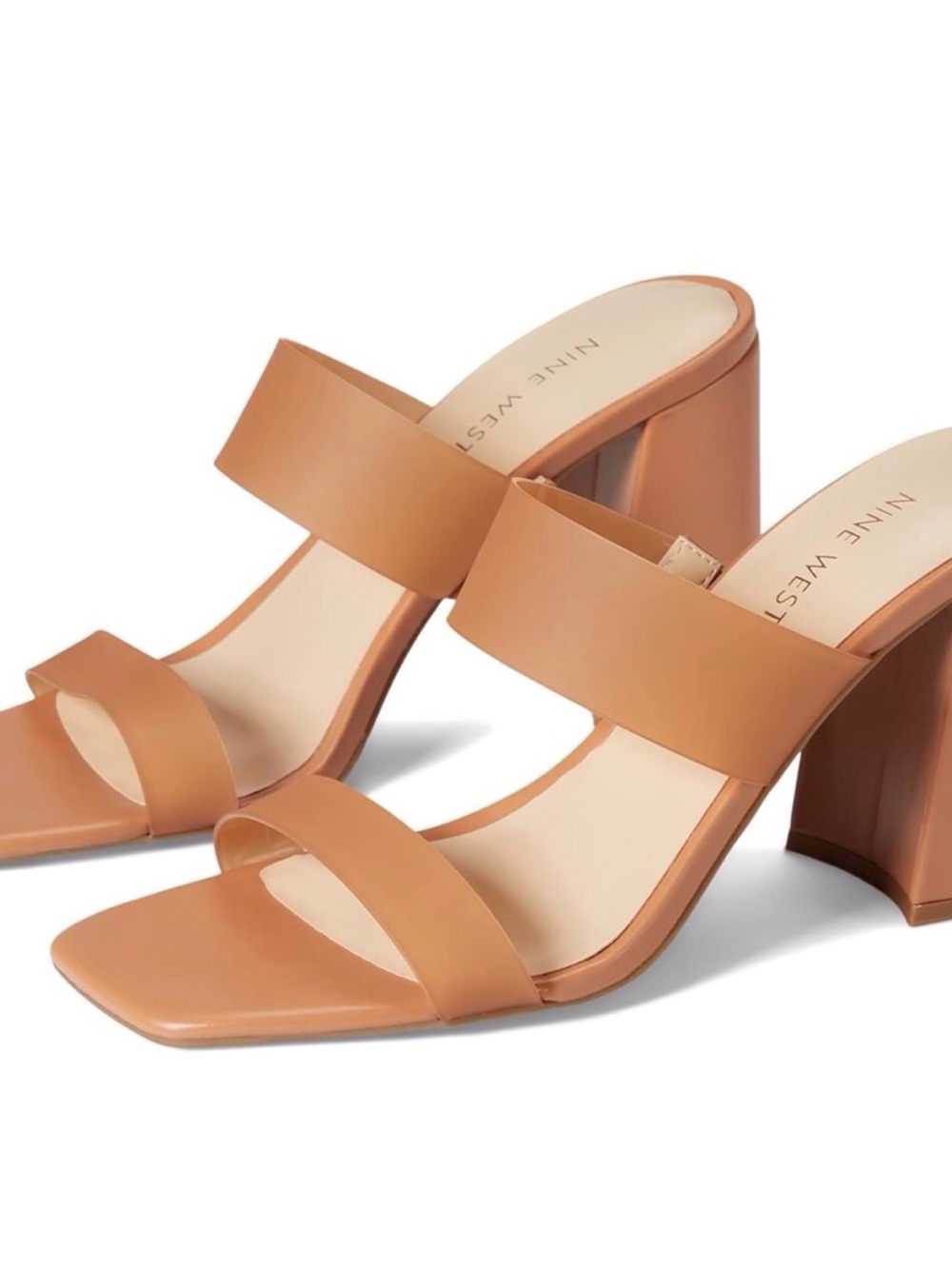 Nine West Camel Tan Double-Strap Block Heel Mules